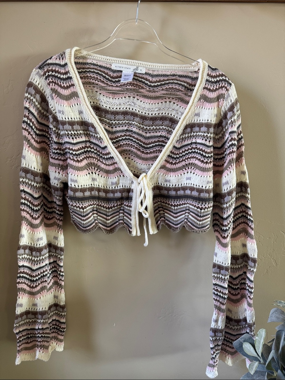 Altar'd State Pink, Cream & Brown Striped Tie-Front Cropped Cardigan